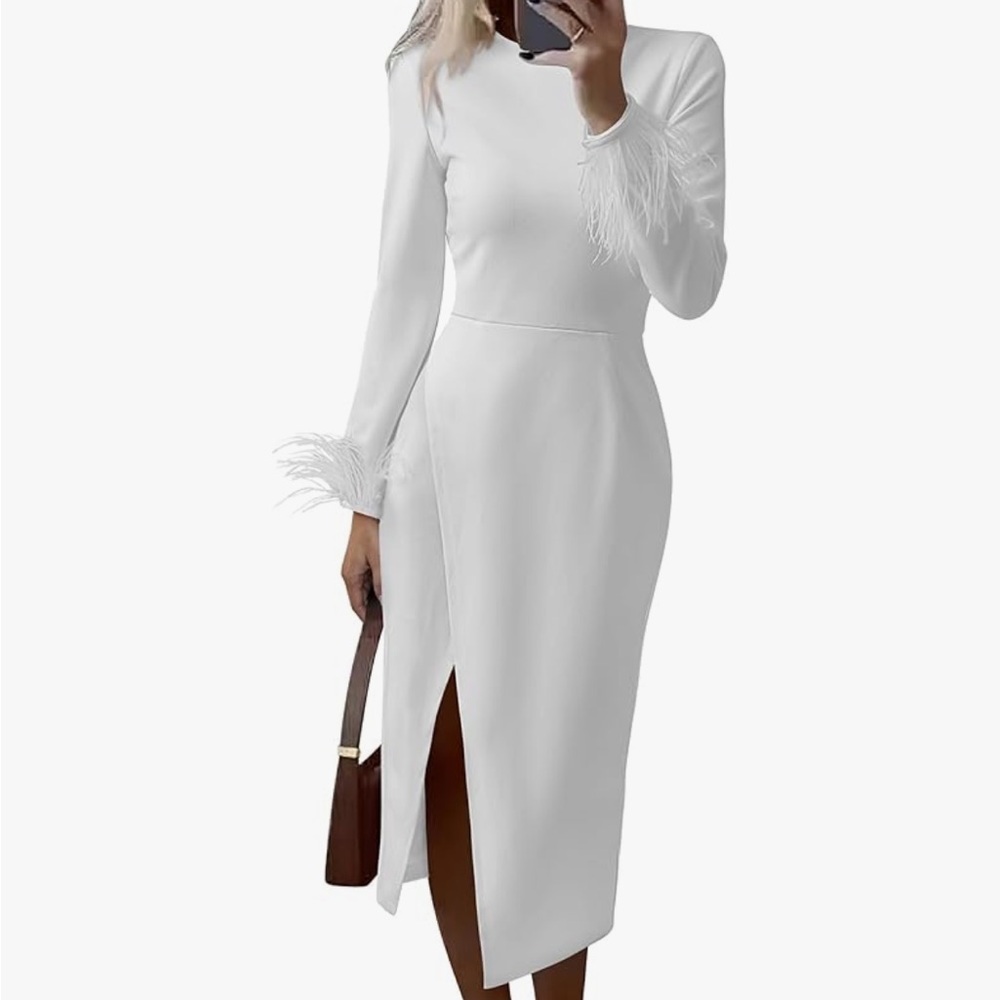 Elegant White Feather-Trimmed Dress